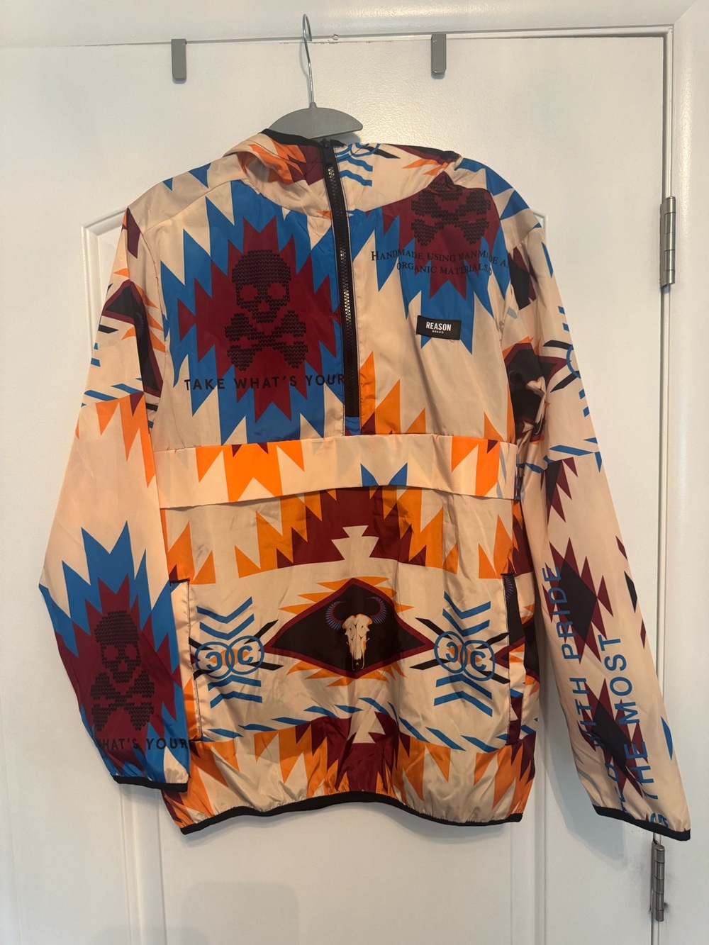 Reason Aztec Print Hooded Windbreaker in Beige, Blue & Orange. Size small